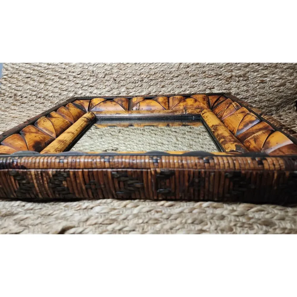 Bold Framed Vintage Rattan Bamboo Wall Mirror Mid Century Boho Decor 19